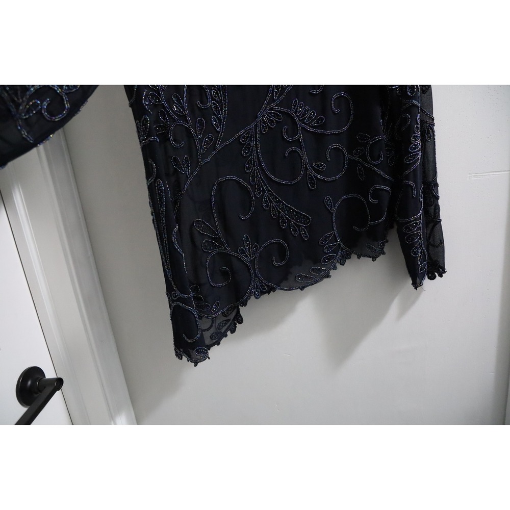 J Kara Navy Blue Beaded Asymmetrical Evening Blouse Petite 18P Iridescent Scroll - Picture 3 of 9